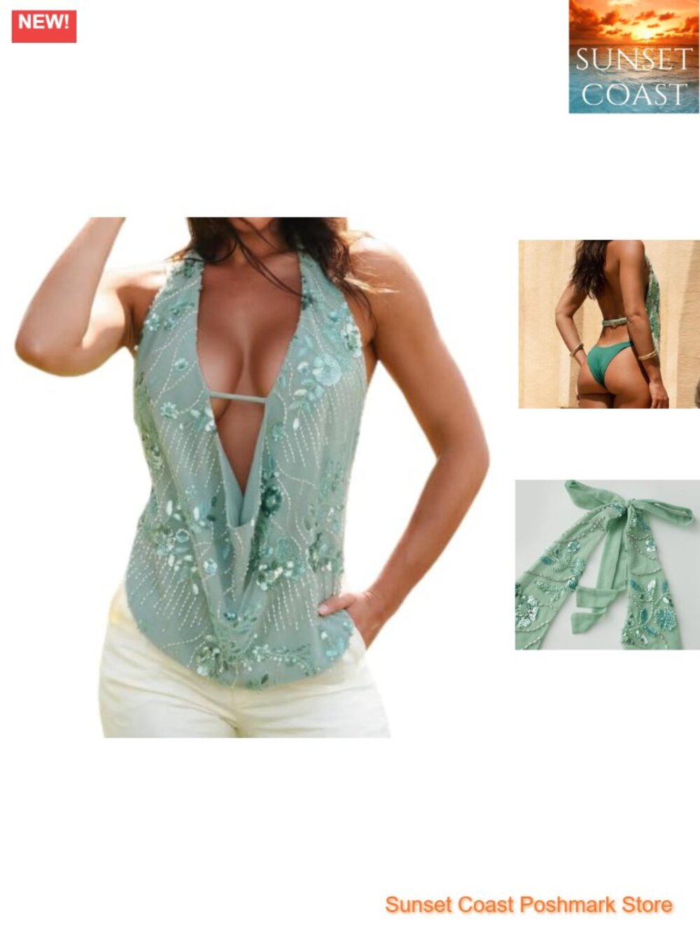 Sequin Beaded Halter Tank Top Y2K Backless Going Out Tops